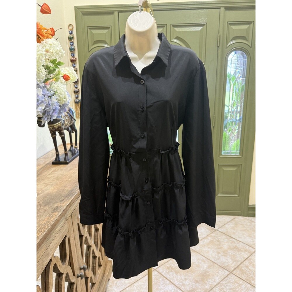 Black Plus Size Layered Mini Button Up Collared Dress Size XL